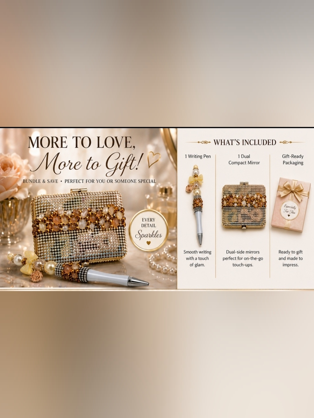Jeweled Pen + Dual Mirror Compact Sparkly Rhinestone Gift Set Elegant Bling